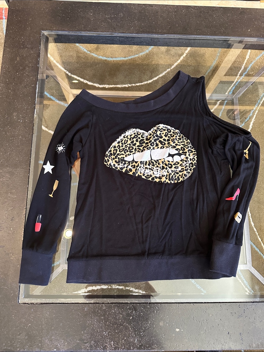 Lauren Moshi Black Off-Shoulder Sweatshirt with Leopard Lip Graphic